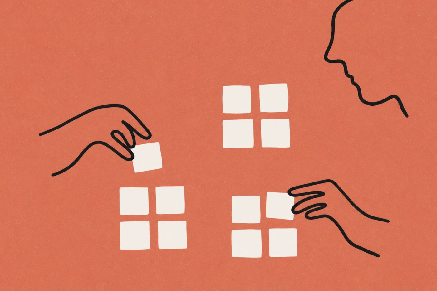 Hand-drawn line illustration in warm terracotta and cream: two loopy hands sort small cream tiles into neat square clusters, observed by a face drawn in a single line.