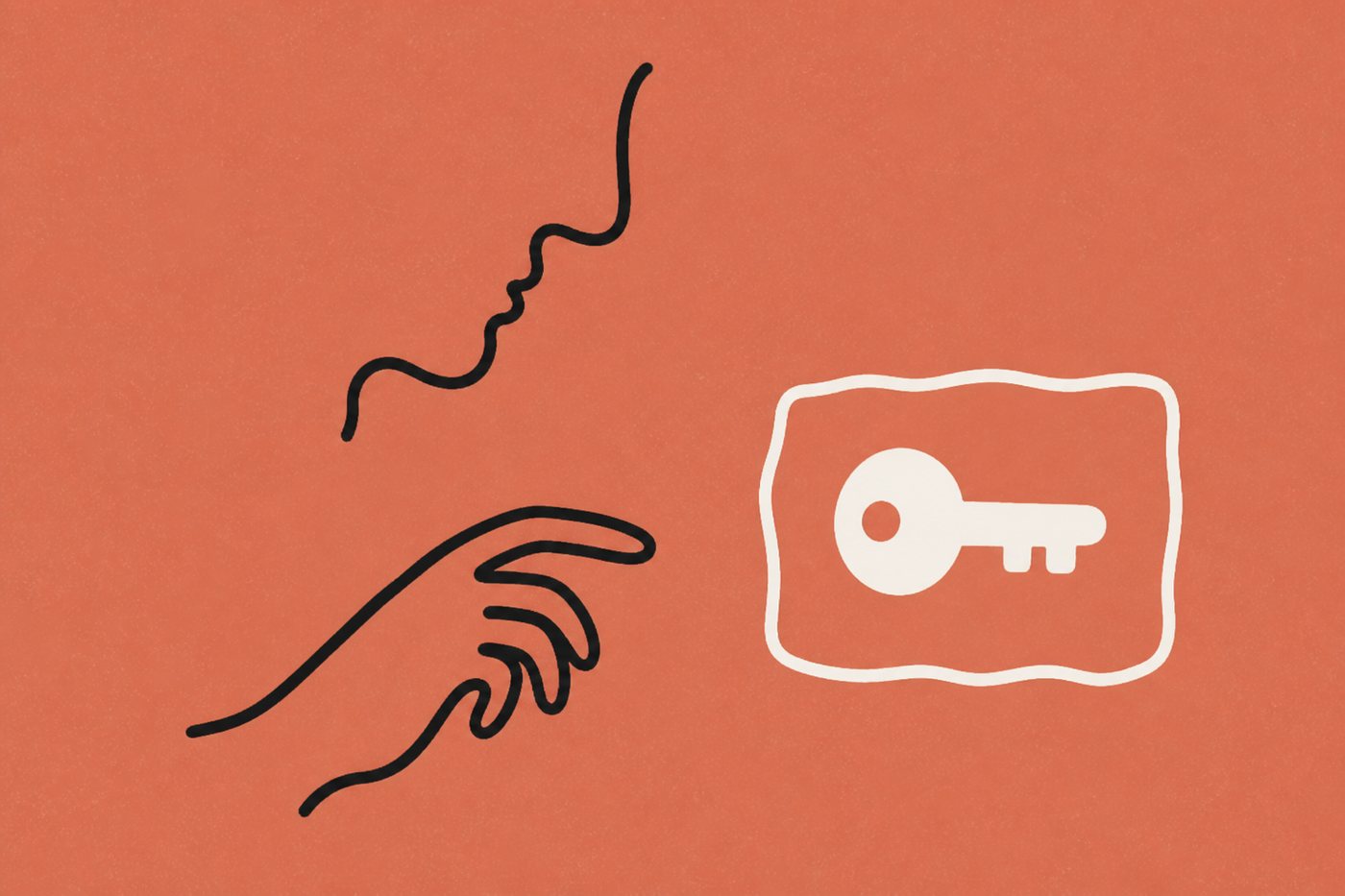 Hand-drawn line illustration in warm terracotta and cream: a loopy line-drawn hand reaches toward a cream key that sits sealed inside a wobbly enclosed box, never crossing the boundary, a one-line profile face watching from above.