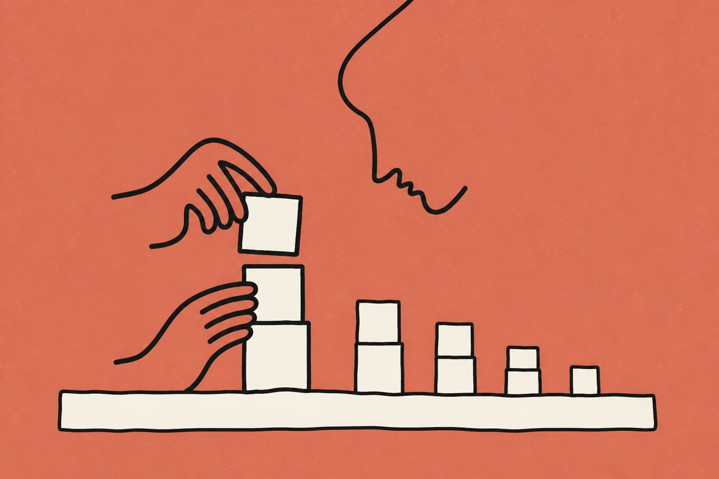 Hand-drawn line illustration in warm terracotta and cream: two hands stack cream blocks into a tower on a wide shared foundation slab, beside a receding row of smaller block towers, while an abstract face drawn in a single line looks on.