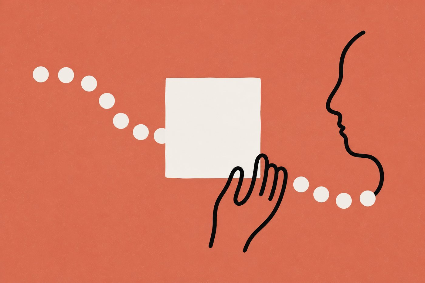 Hand-drawn ink-line illustration on terracotta: a loopy hand holds one large cream block aloft while a receding row of small identical cream blocks marches away below, a one-line profile face observing.