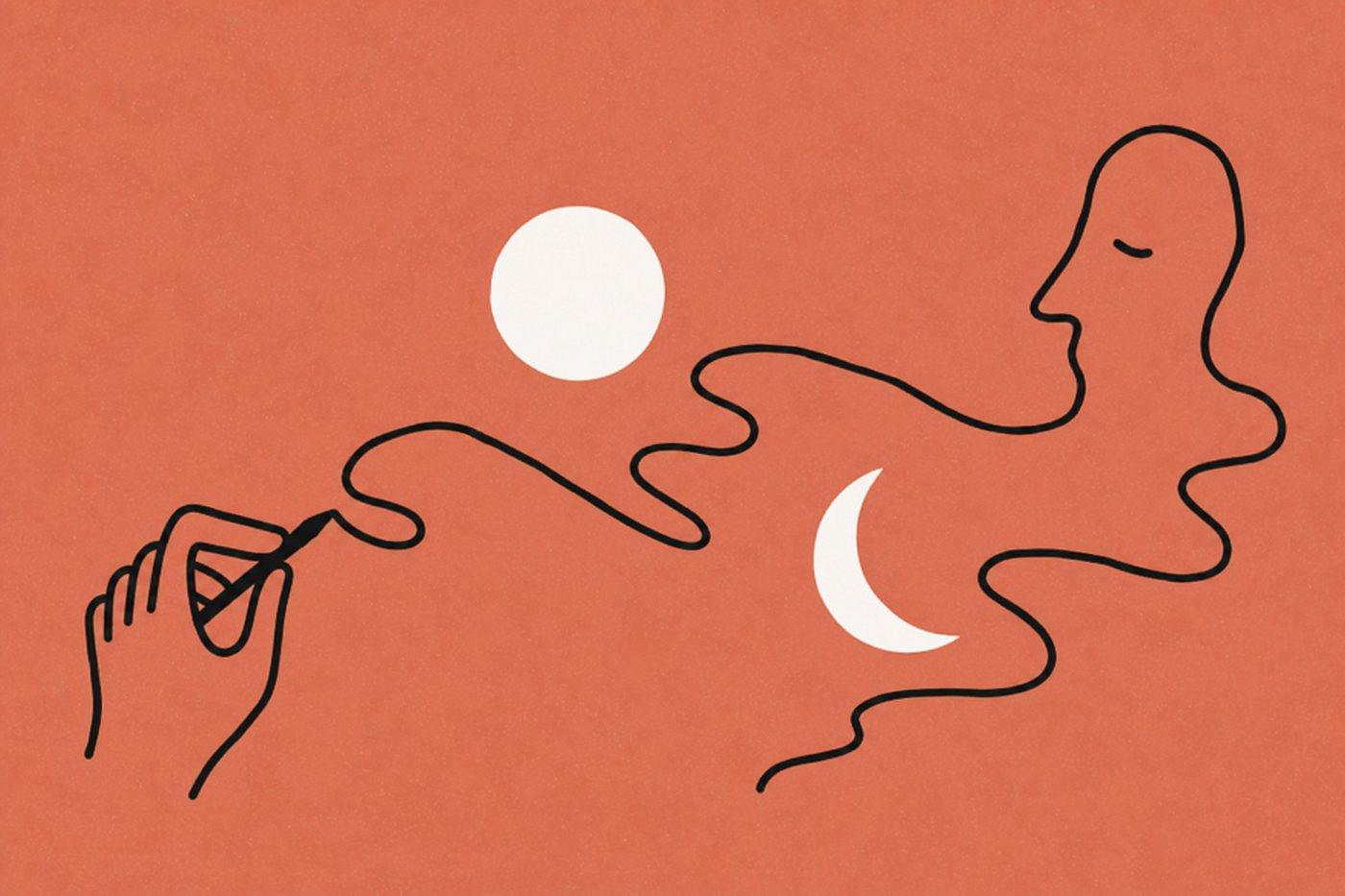 Hand-drawn ink-line illustration on terracotta: a loopy hand draws one very long meandering line across the frame, passing a cream sun disc and a cream crescent moon, ending at a one-line profile face.