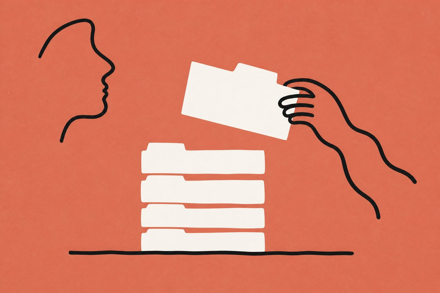 Hand-drawn line illustration in warm terracotta and cream: a loopy line-drawn hand lifts one cream folder out of a neat stacked column of identical folders resting on a single wobbly shelf line, a one-line profile face looking on.