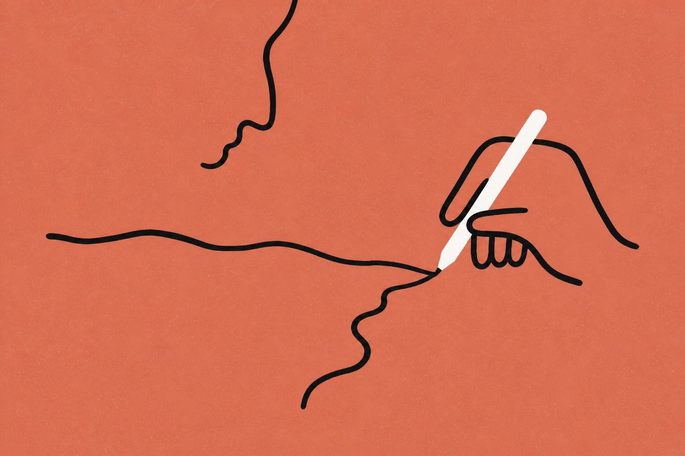 Hand-drawn line illustration in warm terracotta and cream: a loopy line-drawn hand holding a cream stylus redraws a long wobbly line at the point it veered off course, the corrected path continuing forward while the abandoned crooked segment trails away, a one-line profile face observing.