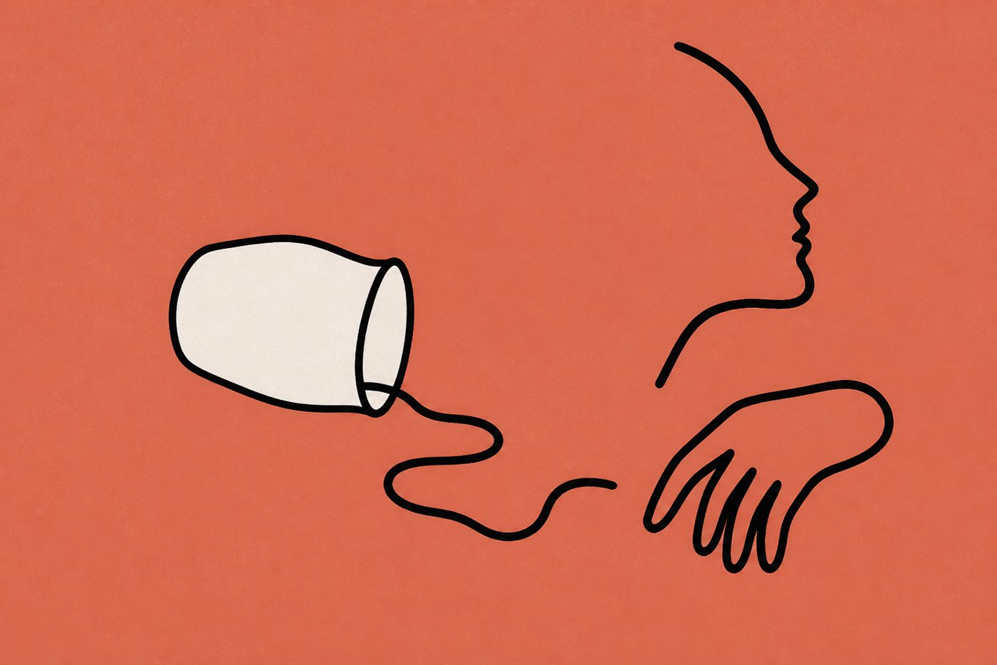 Hand-drawn ink-line illustration on terracotta: a cream vessel quietly tipped over with a thin ink line spilling out, a relaxed loopy hand resting nearby, a one-line profile face unaware beside it.