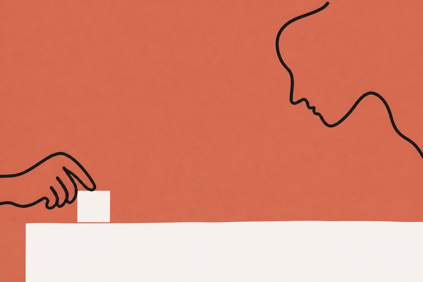 Hand-drawn line illustration in warm terracotta and cream: a single hand places the first small cream block at the edge of a wide, nearly empty foundation slab, watched by an abstract one-line face.